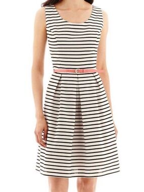 Tiana B. Black and White Striped Sleeveless Midi Dress A-Line Box Pleated Skirt